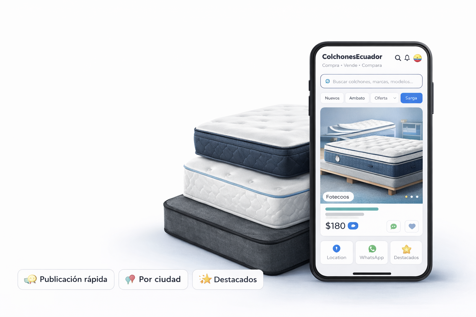 Marketplace de colchones en Ecuador mostrando app móvil para comprar y vender colchones por ciudad